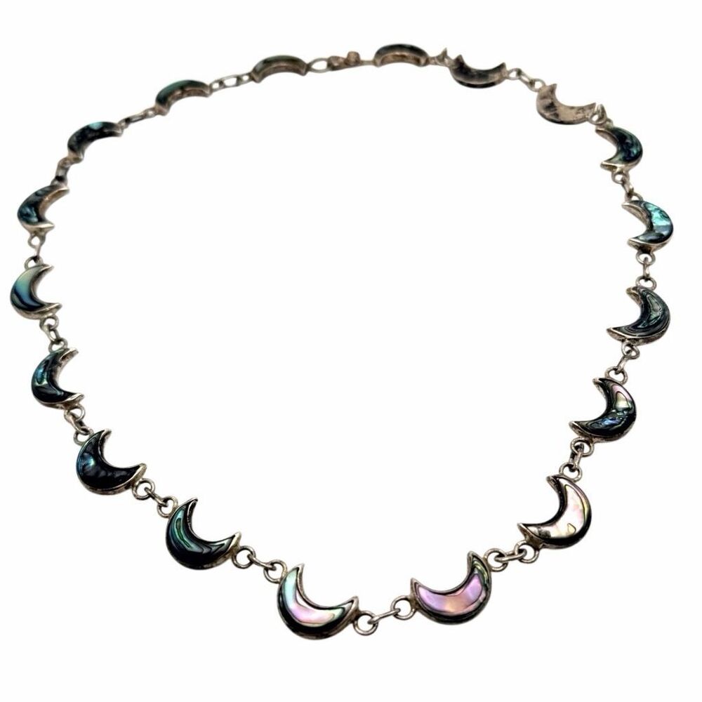 Vintage Abalone Shell Crescent Moon Link Necklace Silver Tone